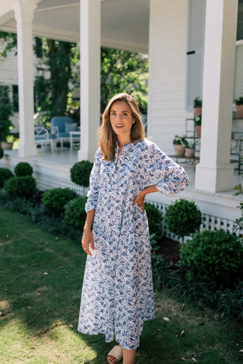 blue white floral dress raffia slide sandals