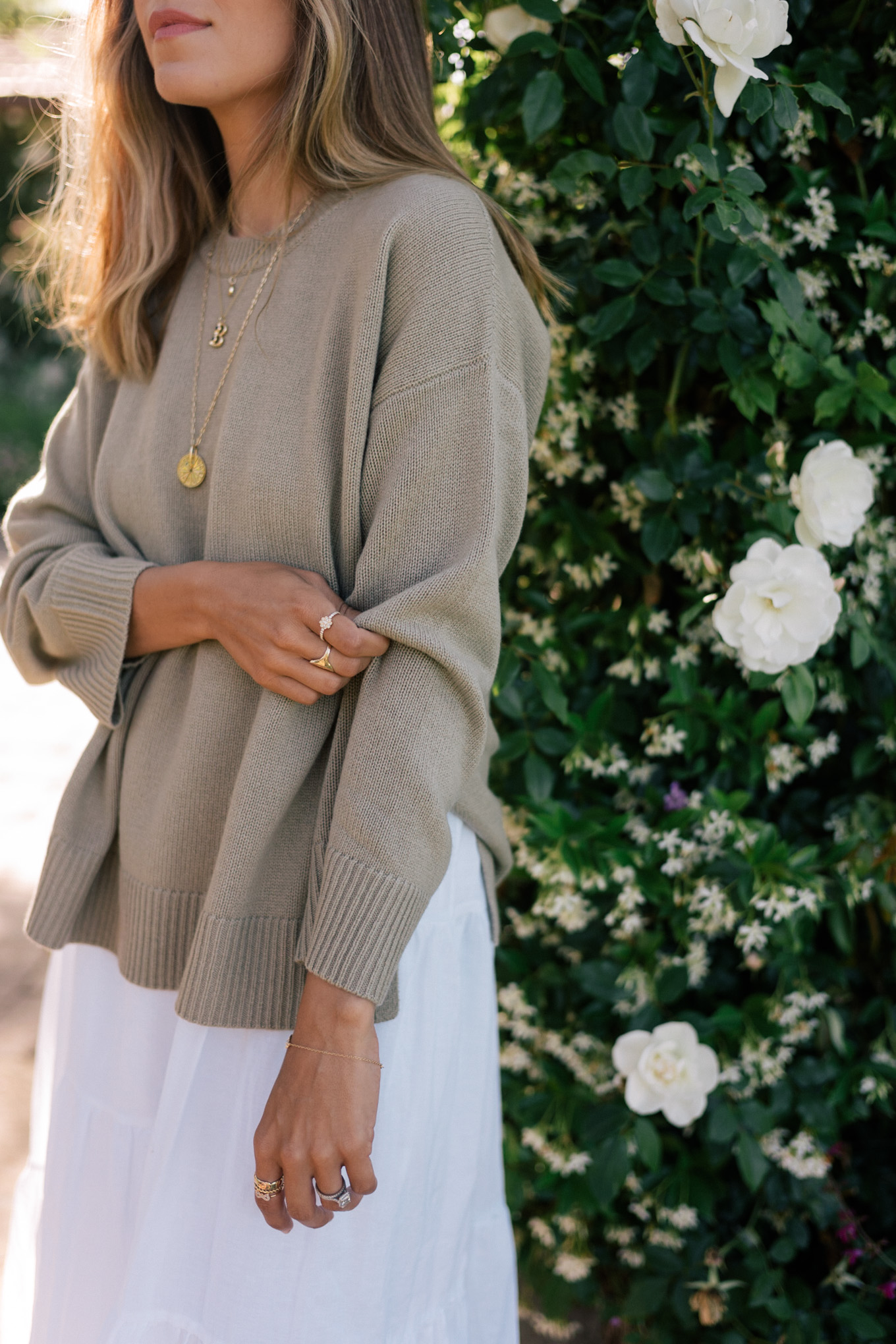 olive pullover sweater white dress