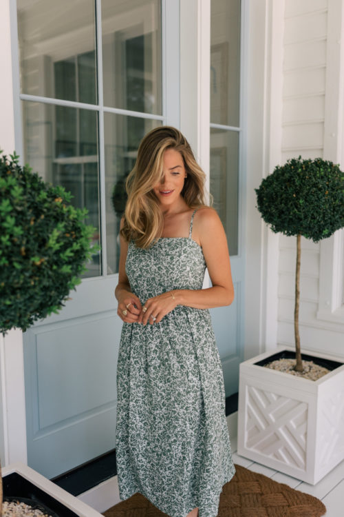green white floral dress nude simple heels