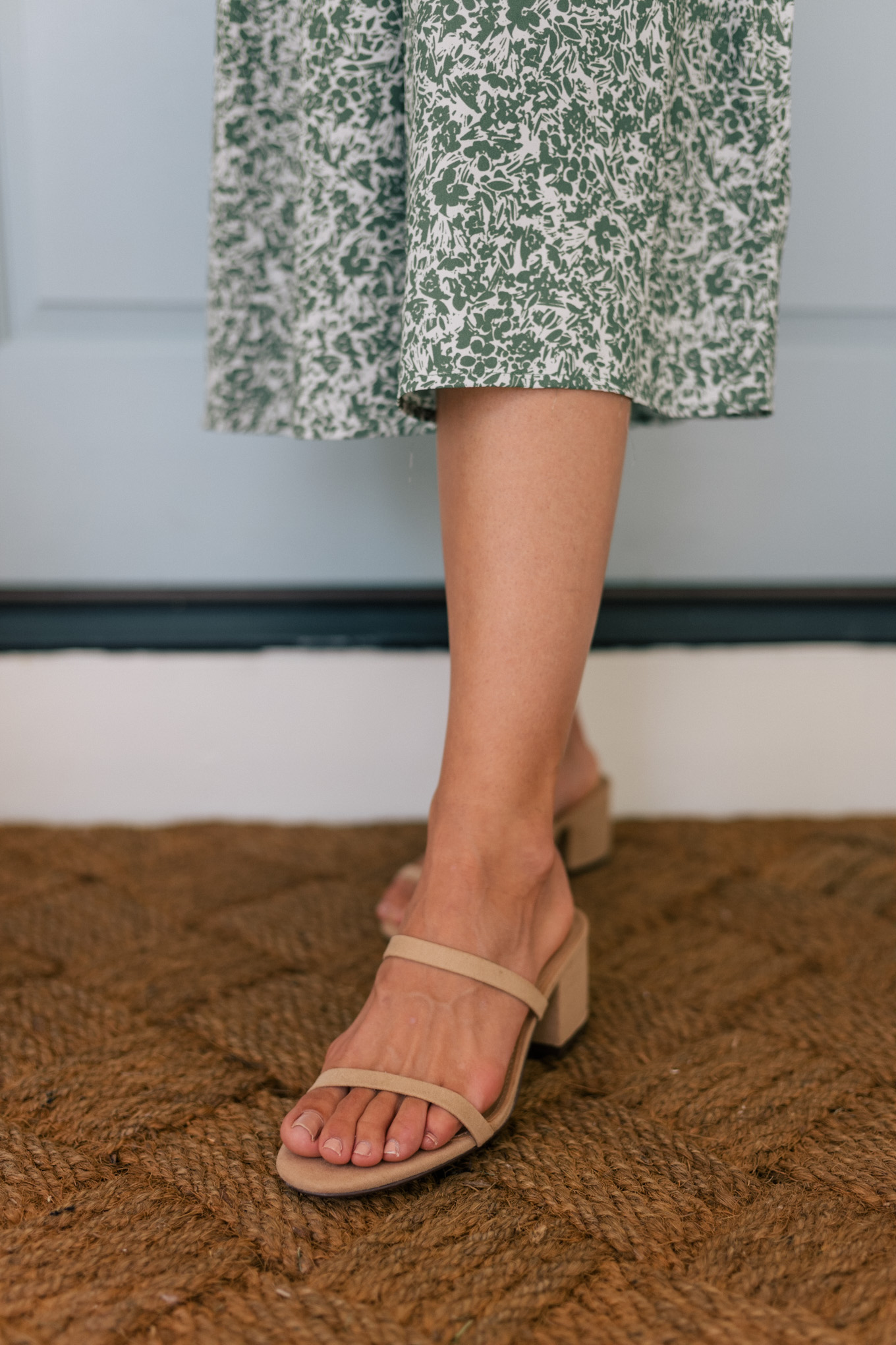 green white floral dress nude simple heels