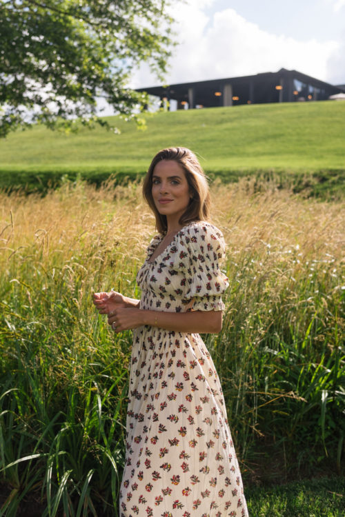 smocked cream floral dress
