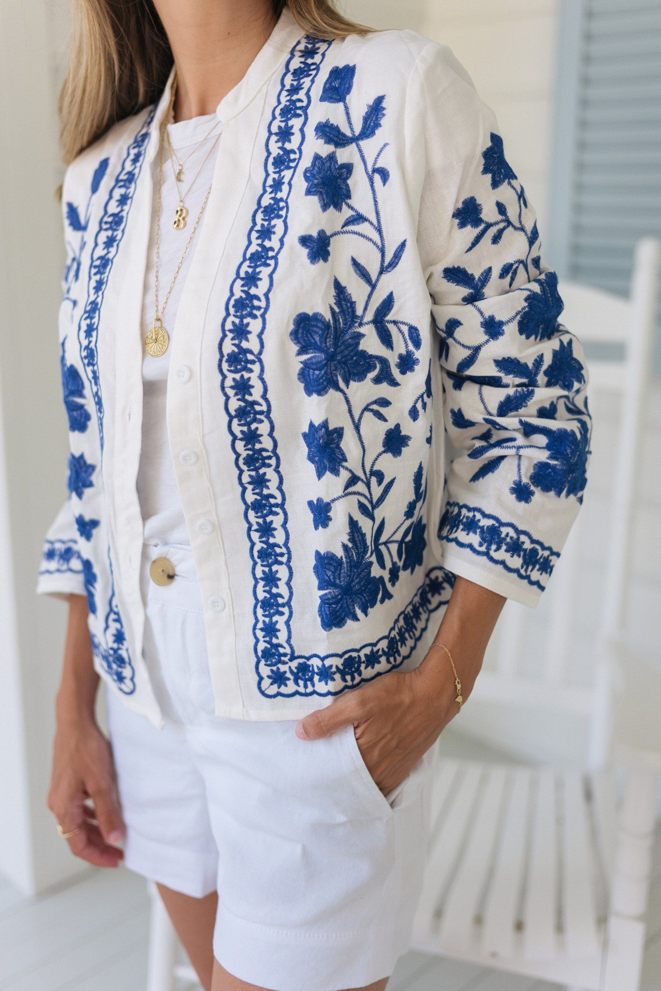 blue white embroidered button down