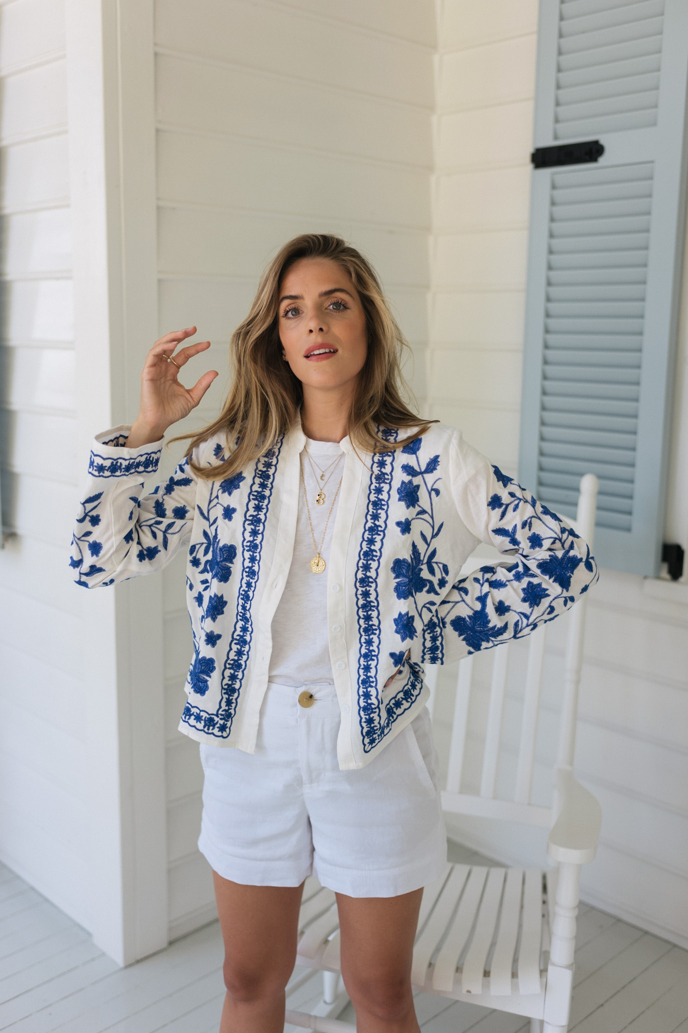blue white embroidered button down