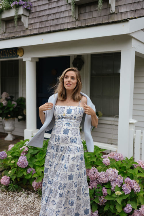 blue white aquatic linen dress