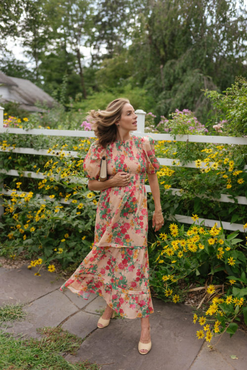 pink tan green floral smocked dress