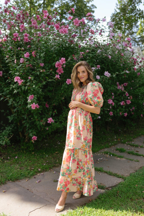 pink tan green floral smocked dress