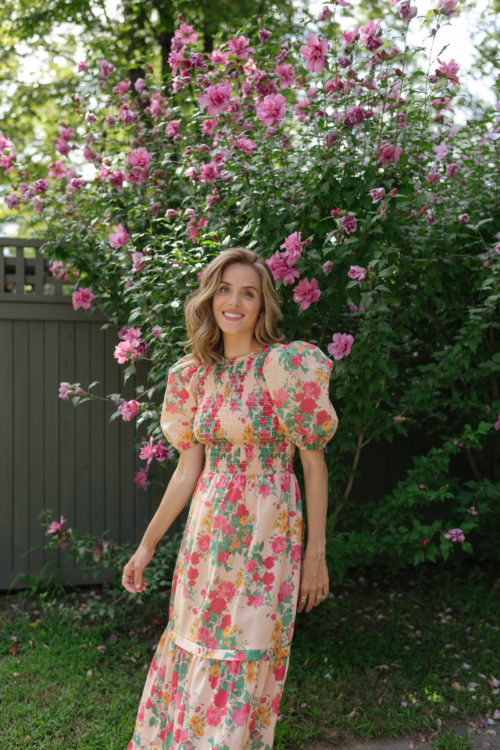 pink tan green floral smocked dress