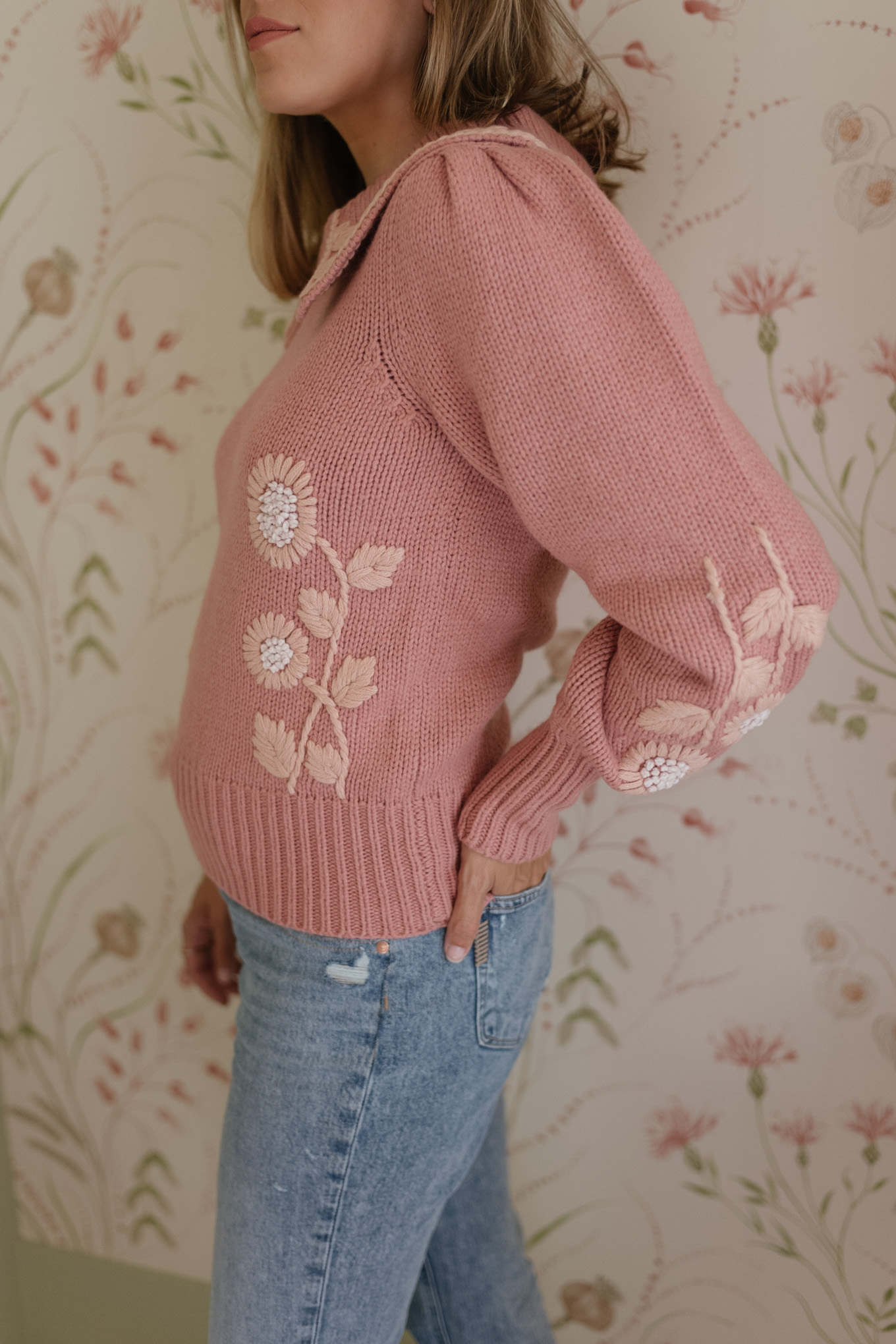 pink collared embroidered sweater