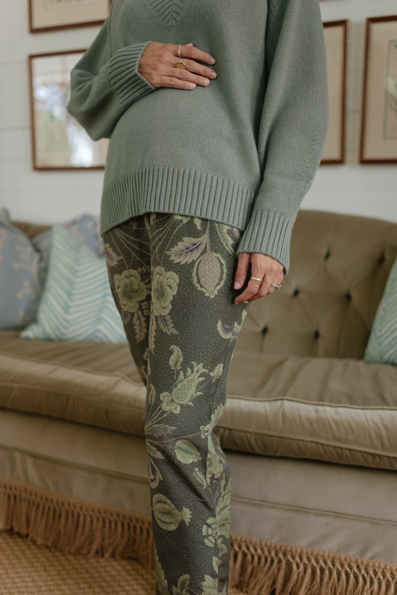 green cashmere sweater green patterned silk pants