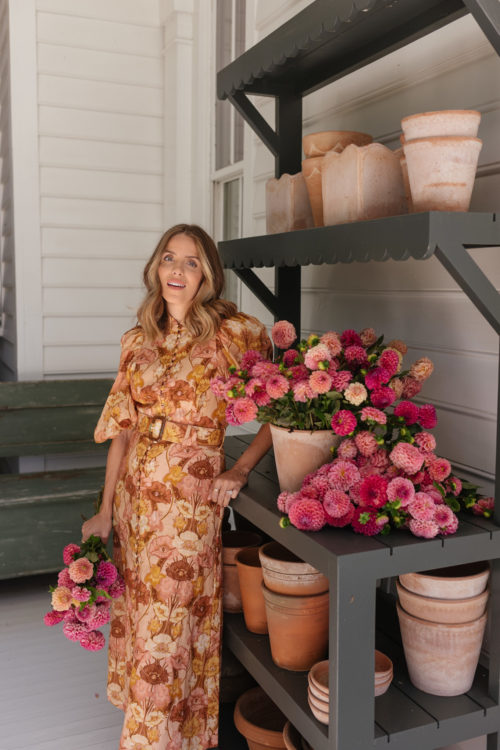 warm tones linen puff sleeved floral dress