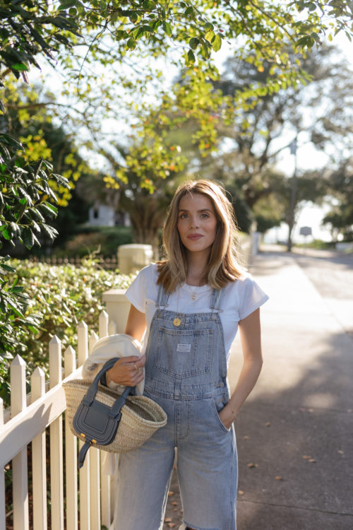 blue denim overalls pink sneakers