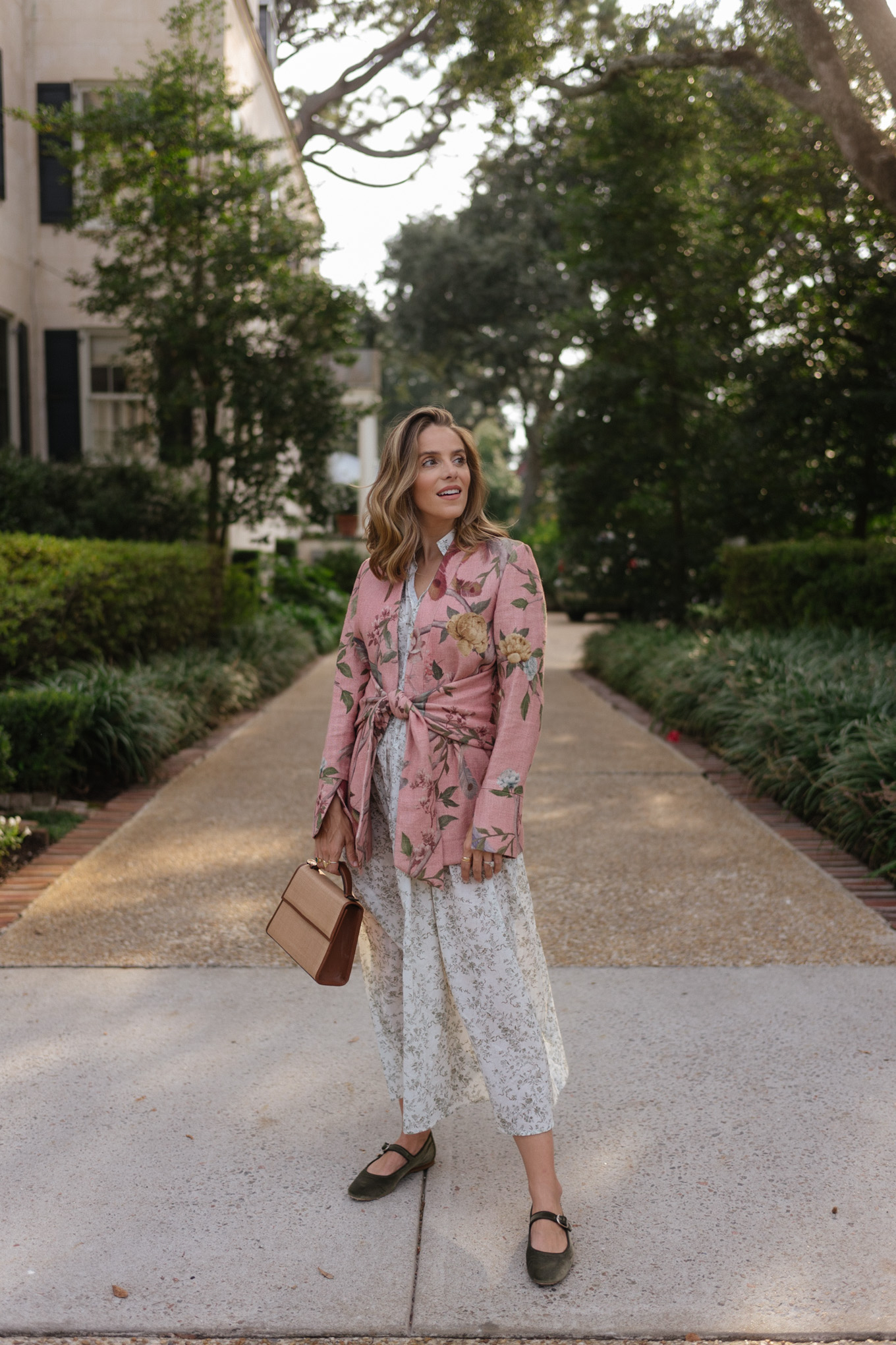 pink floral blazer green white floral dress green mary janes