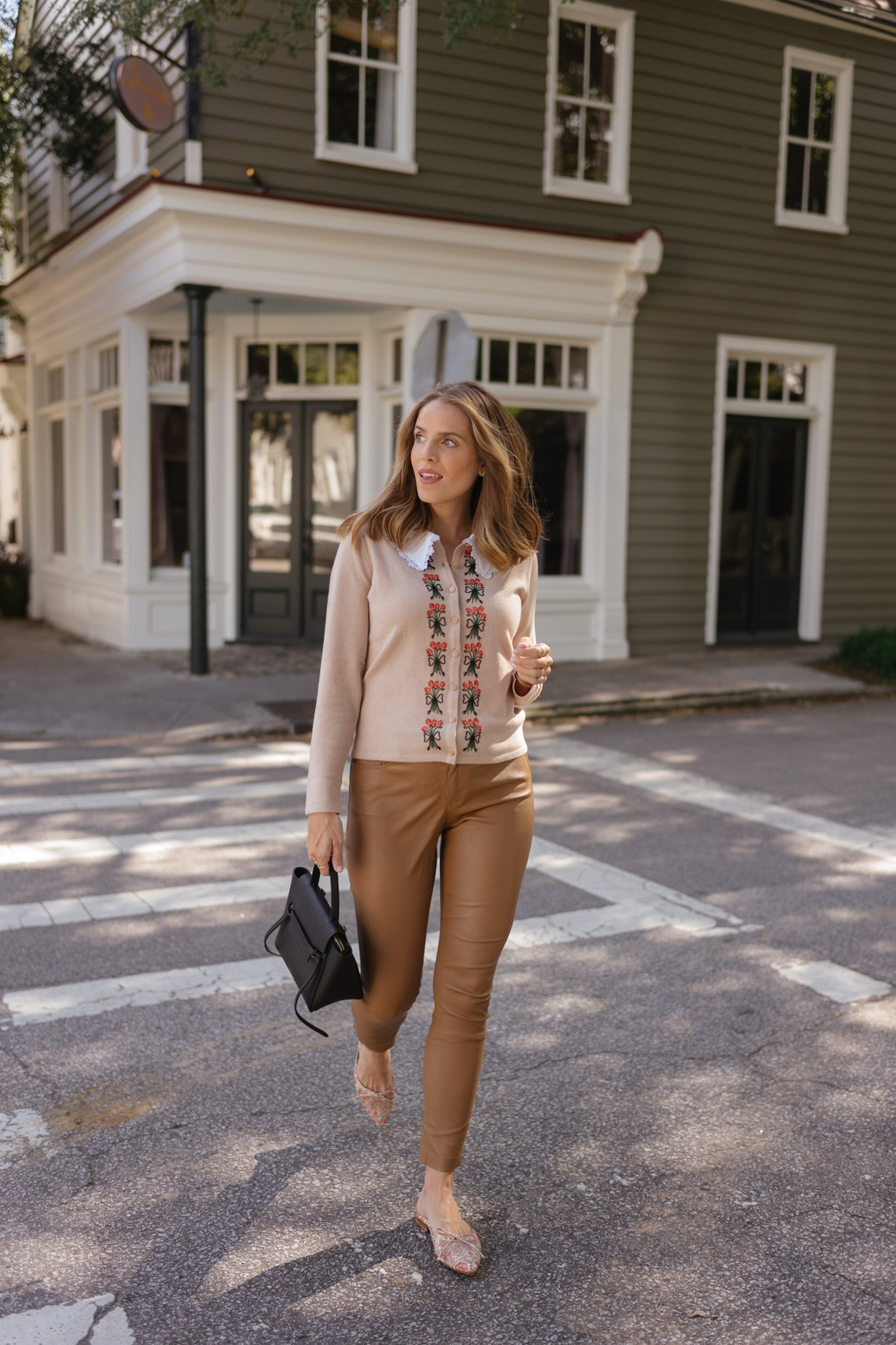 tan embroidered cardigan brown leather pants