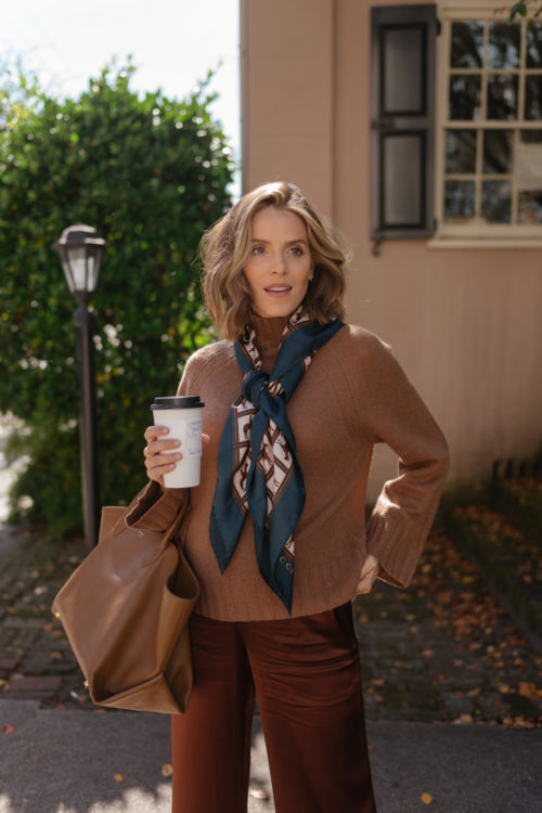 brown cashmere sweater brown leather pants blue silk scarf