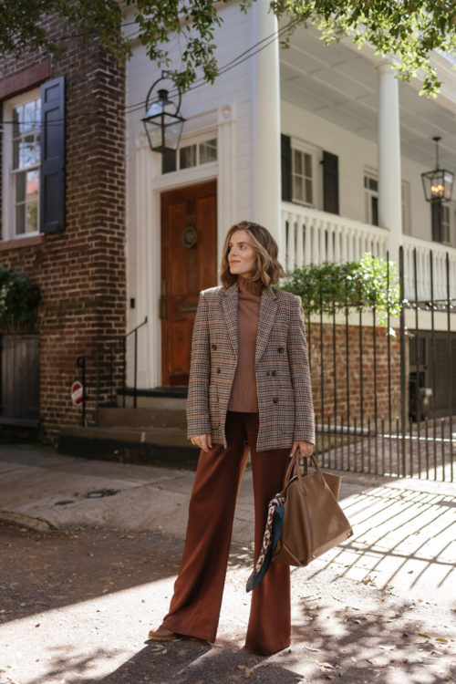 brown cashmere sweater brown leather pants blue silk scarf