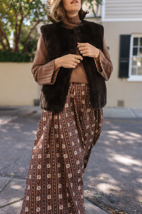brown floral dress brown sweater brown faux fur vest