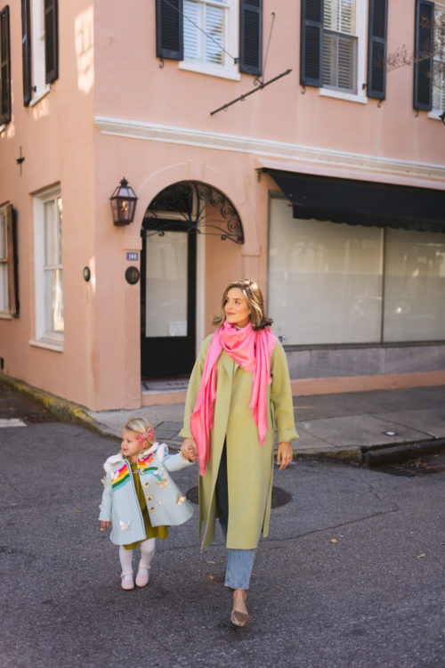 bright green wool coat hot pink silk scarf
