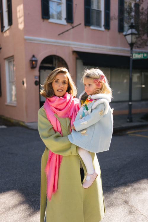 bright green wool coat hot pink silk scarf