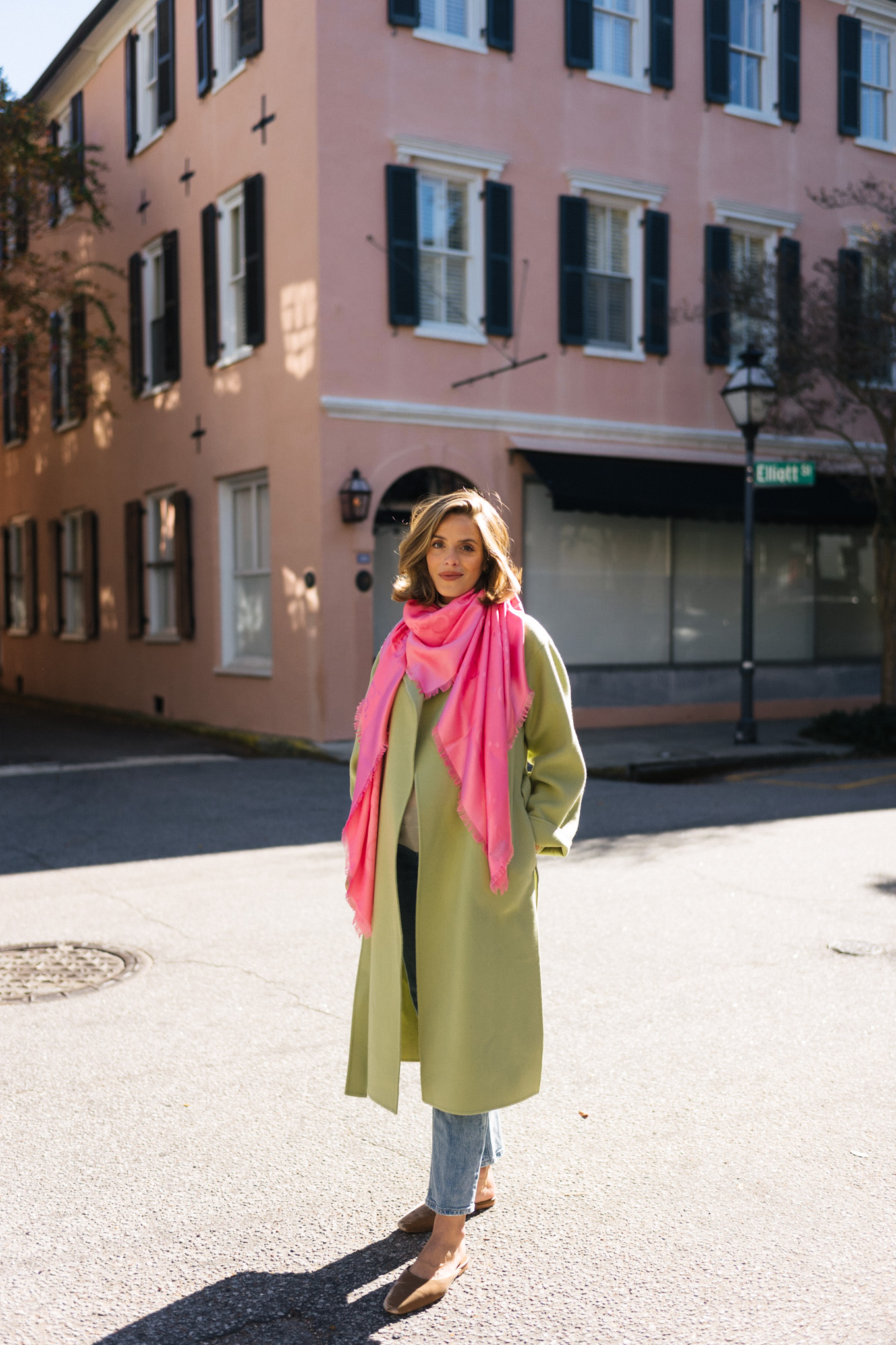 bright green wool coat hot pink silk scarf