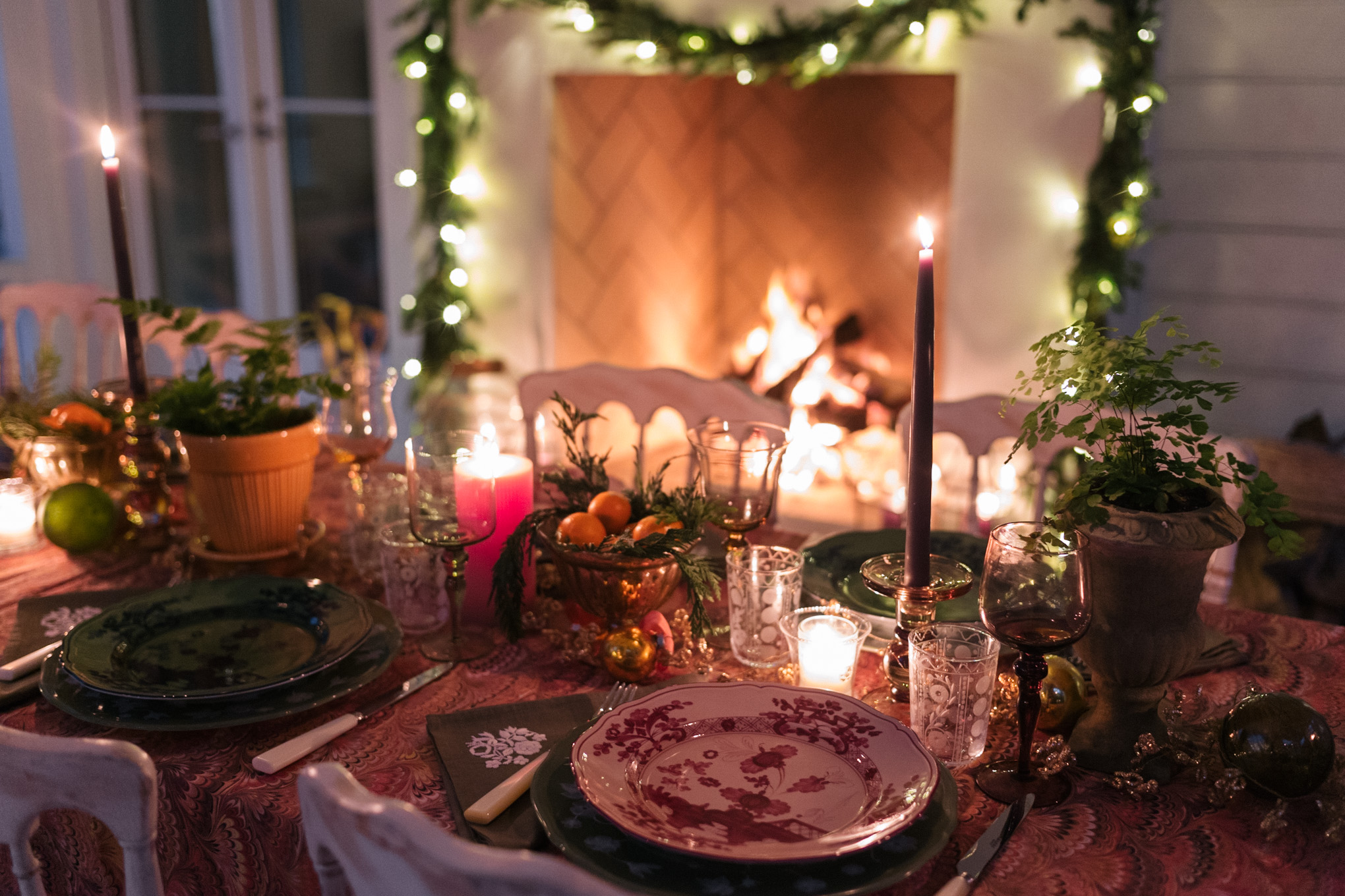 pink red green floral feminine holiday tablescape