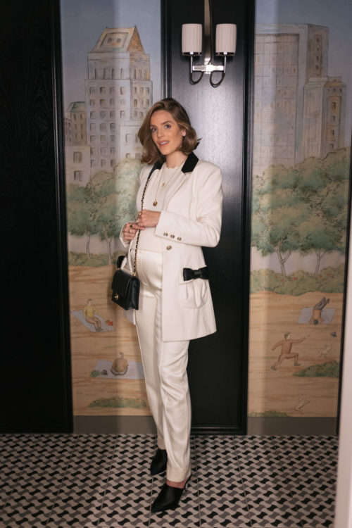 white black chanel jacket white silk pants