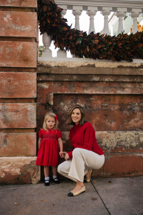 red sweater cream pants chanel flats