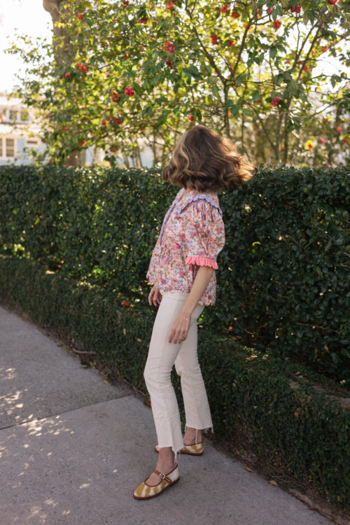 scalloped floral print cotton poplin blouse