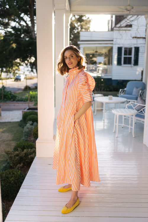 orange white striped shirtdress