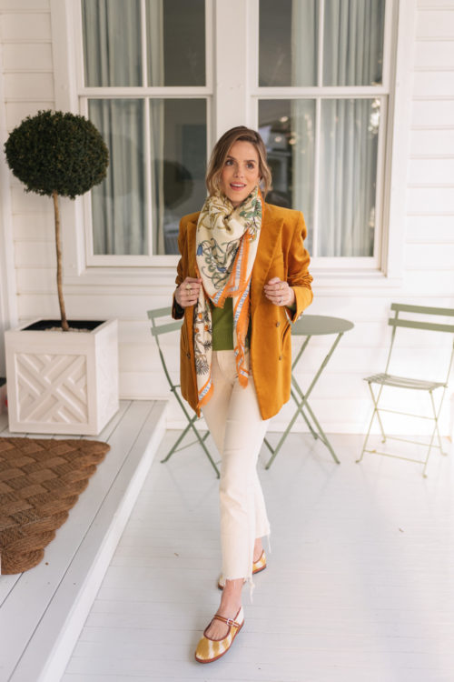 gold velvet blazer botanical print scarf