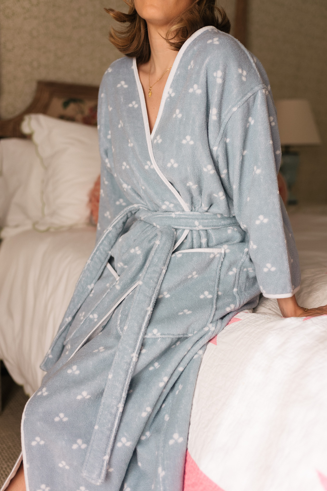 blue white clover print bathrobe