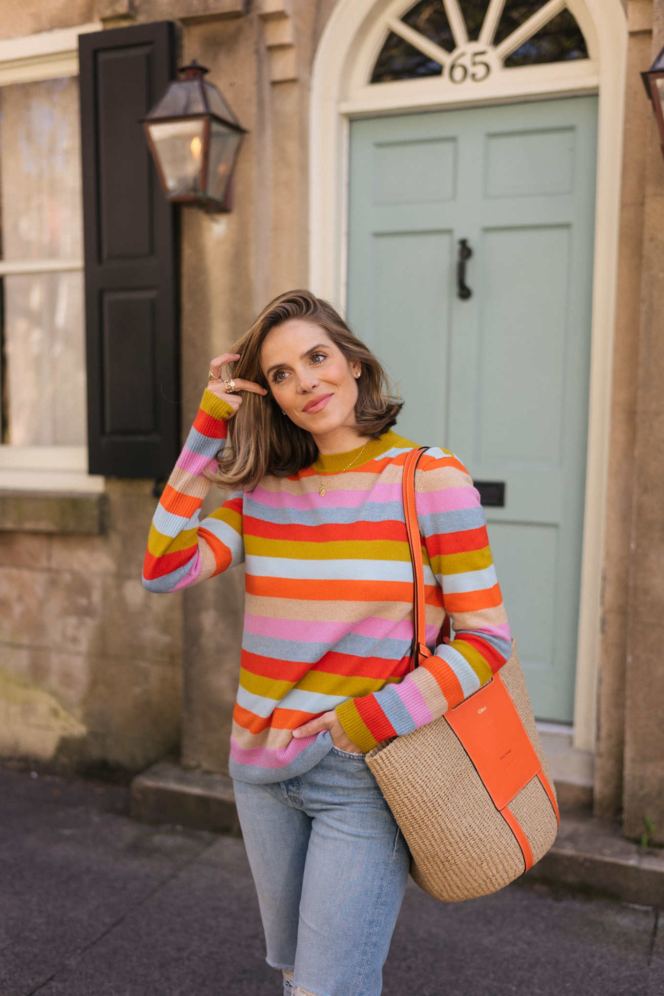 rainbow stripe cashmere tunic sweater denim