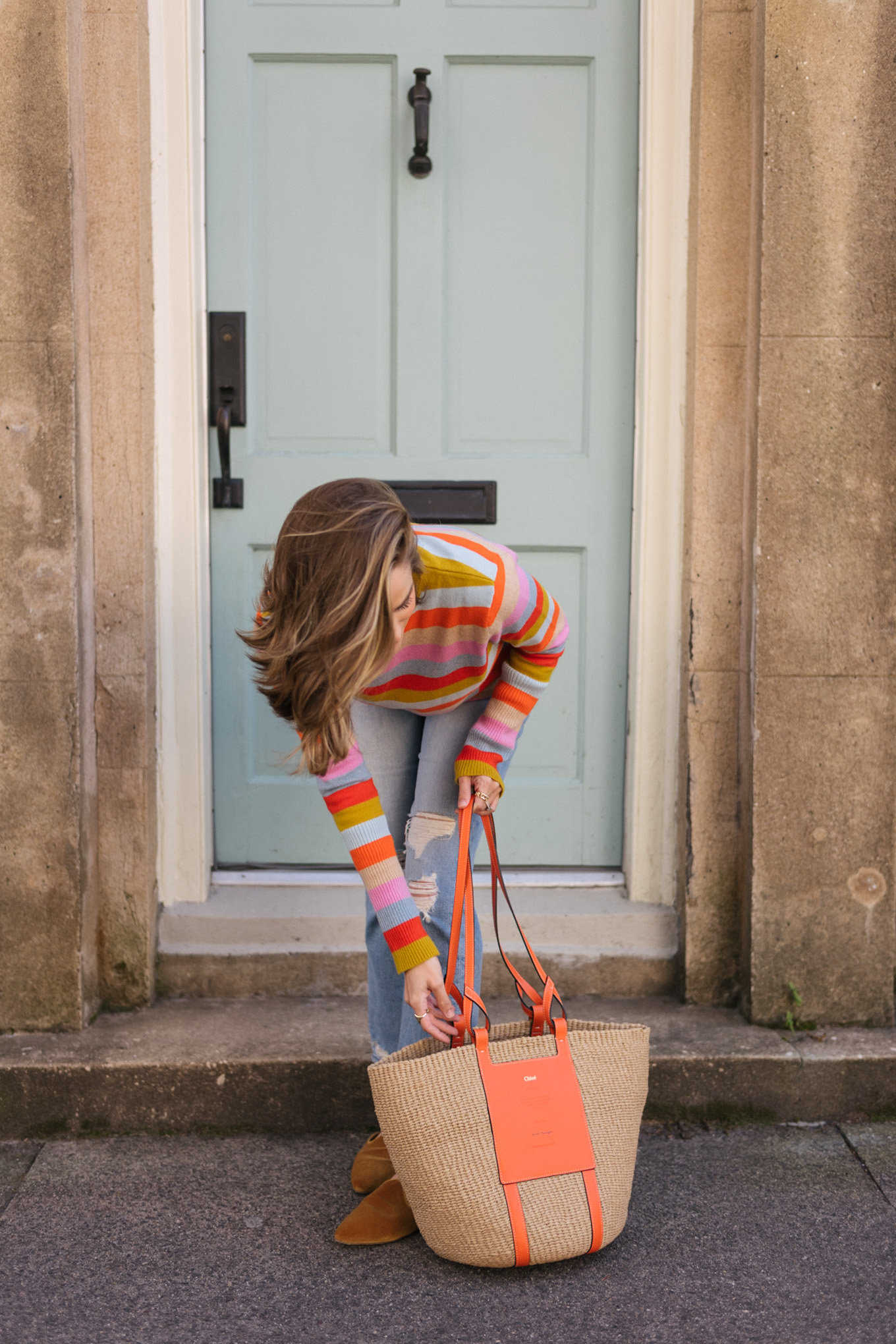 rainbow stripe cashmere tunic sweater denim