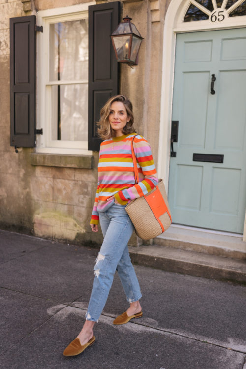rainbow stripe cashmere tunic sweater denim
