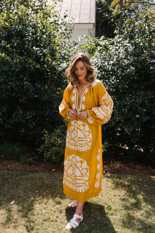 yellow embroidered dress white spring sandals