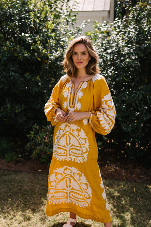 yellow embroidered dress white spring sandals