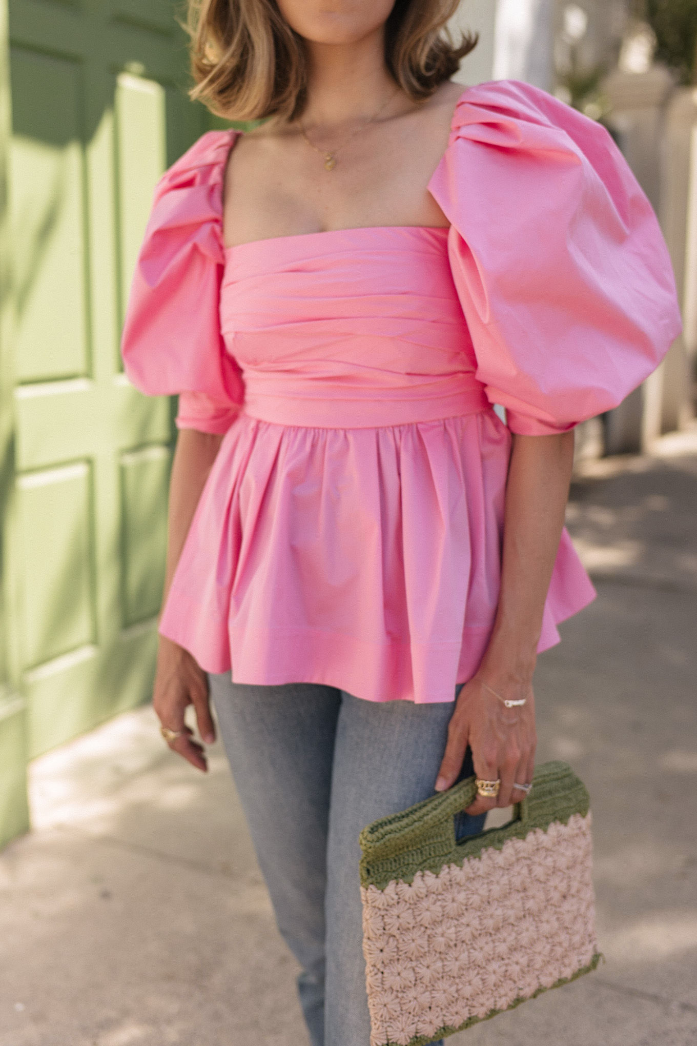 pink puff sleeve draped poplin blouse