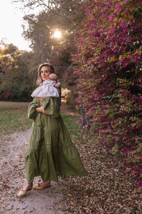 green long sleeve cotton silk blend maxi dress