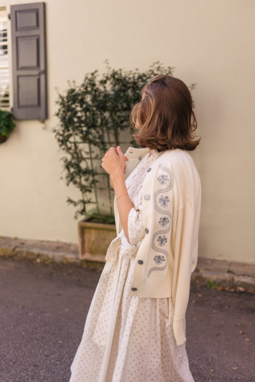 cream blue printed dress cream embroidered cardigan