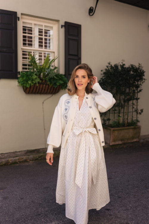 cream blue printed dress cream embroidered cardigan