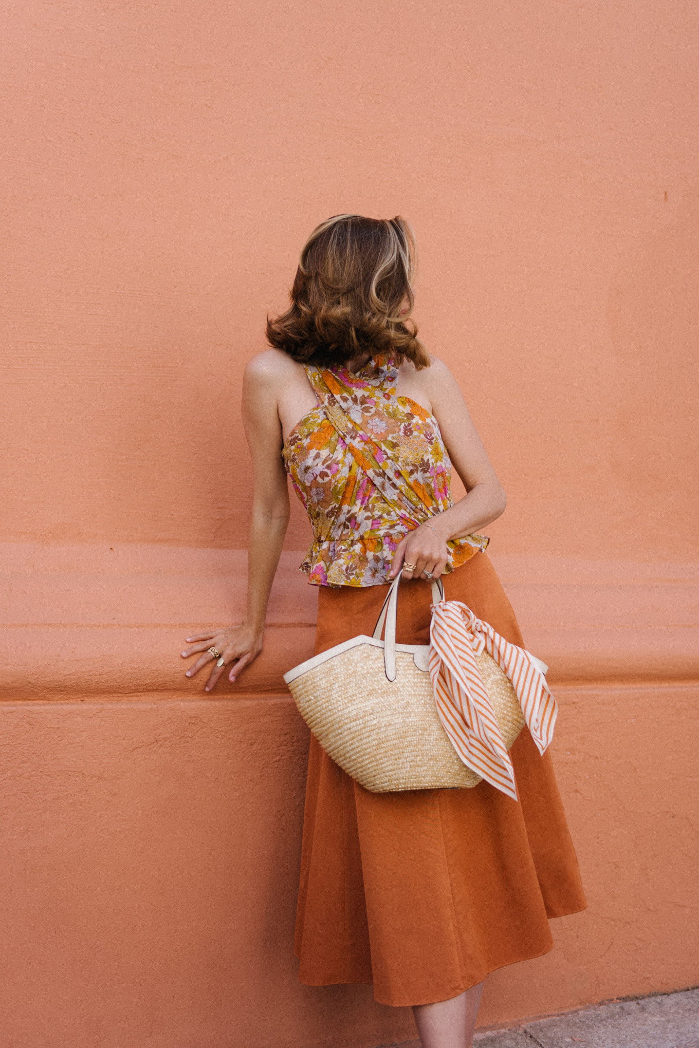 orange suede skirt floral halter top