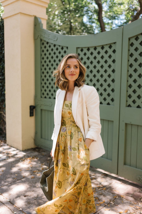 yellow floral dress cream linen blazer