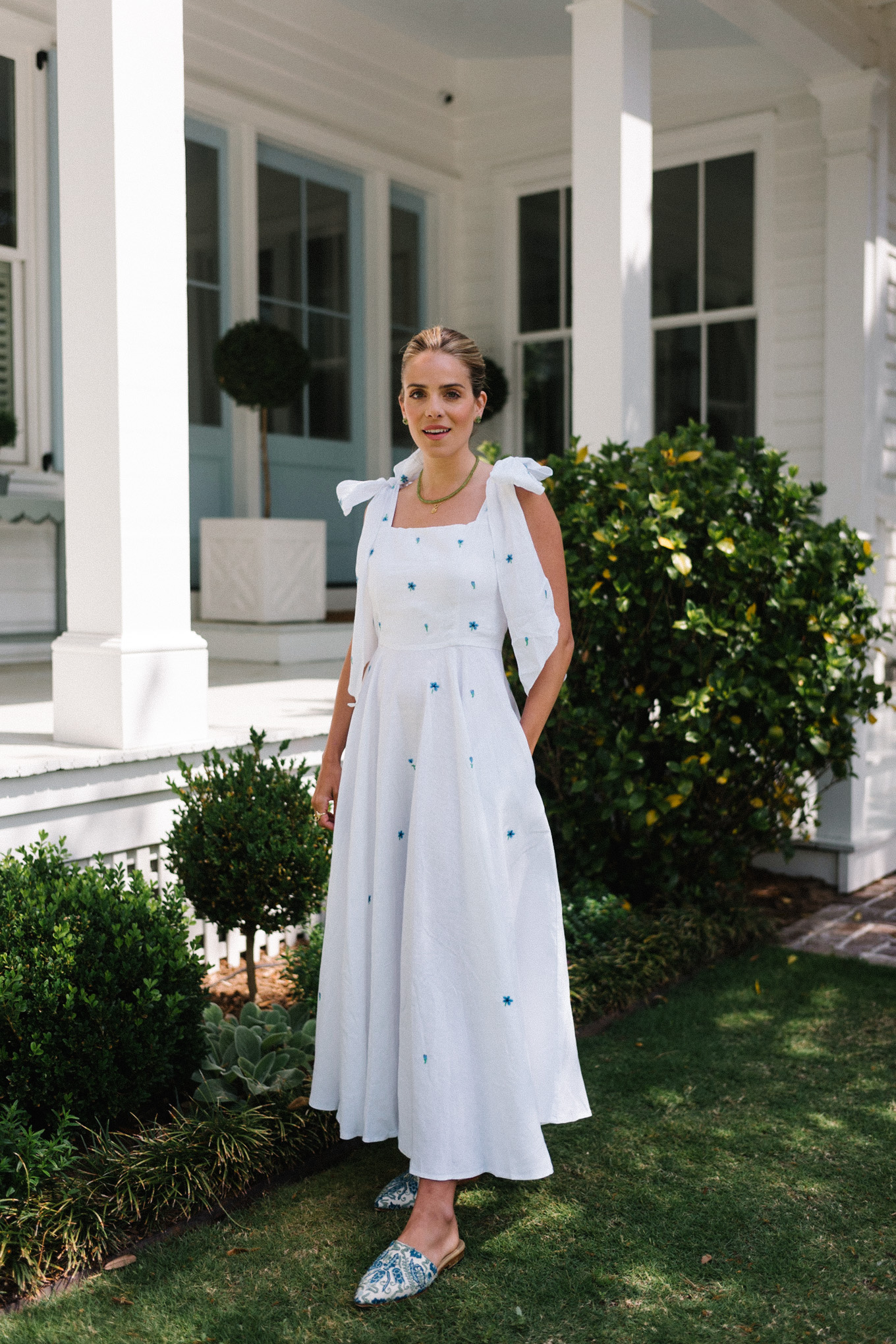 white linen embroidered dress
