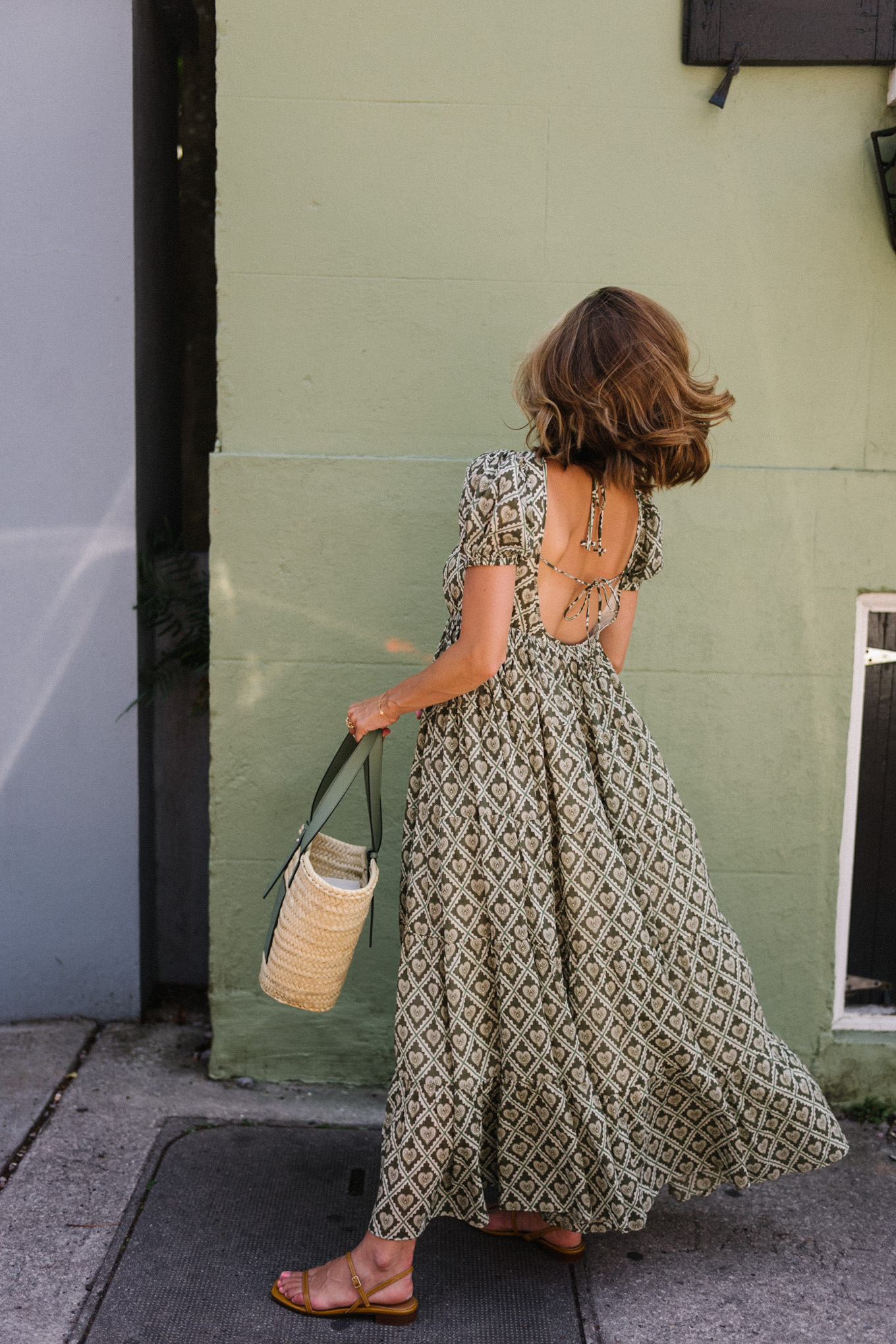 green sundress brown leather sandals