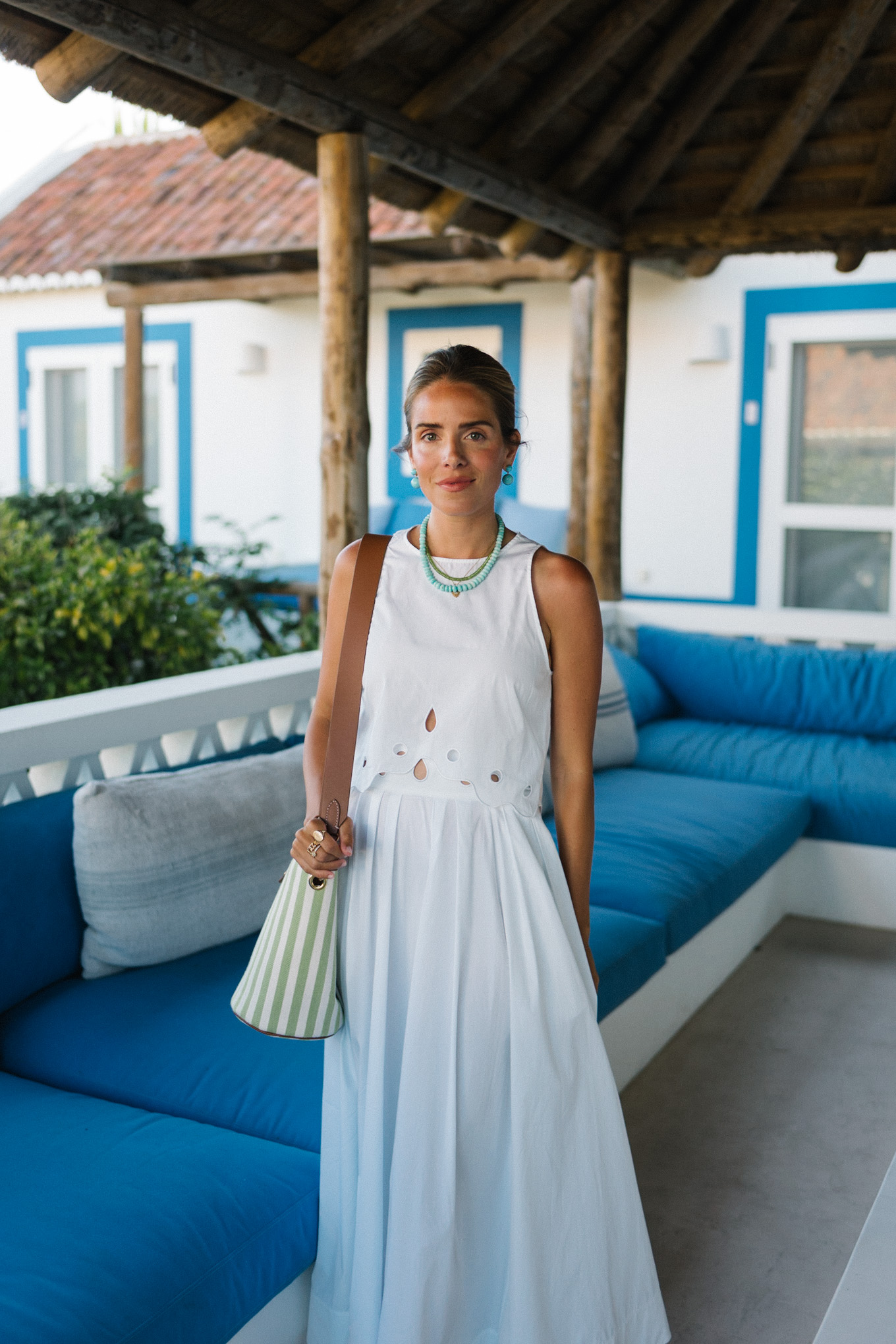 white skirt set blue turquoise necklace