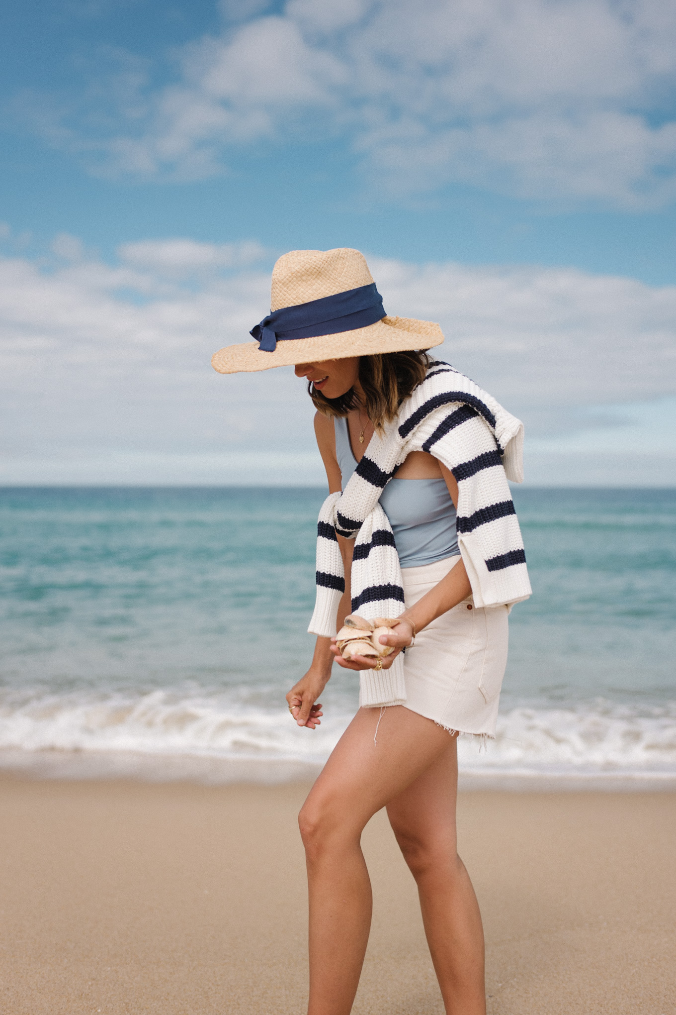 white denim shorts blue swim striped sweater