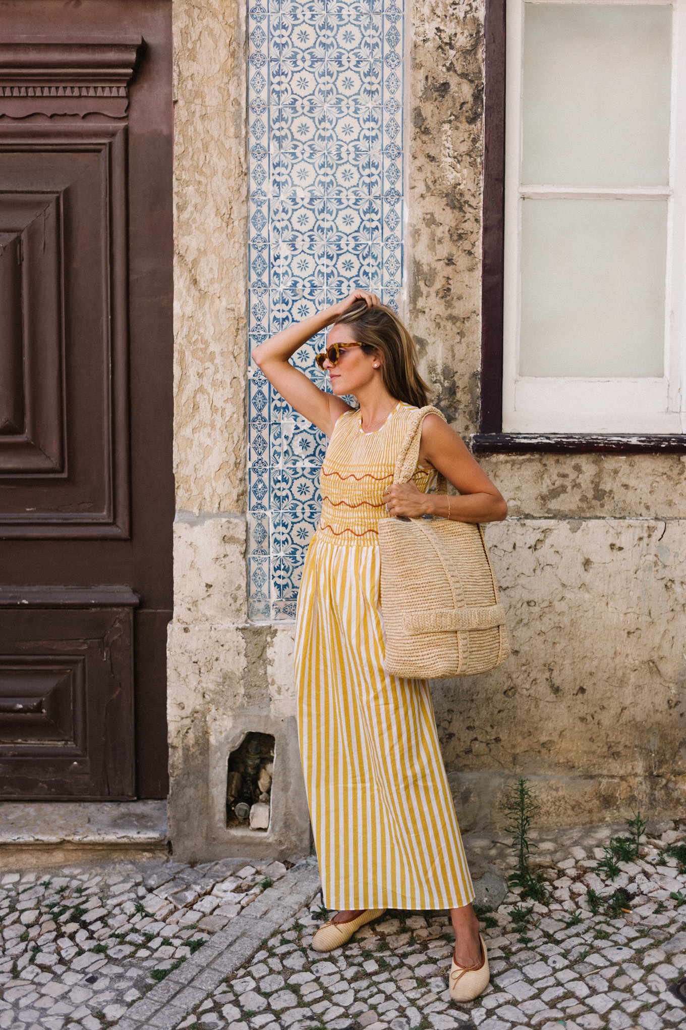 yellow white striped cotton embroidered midi dress