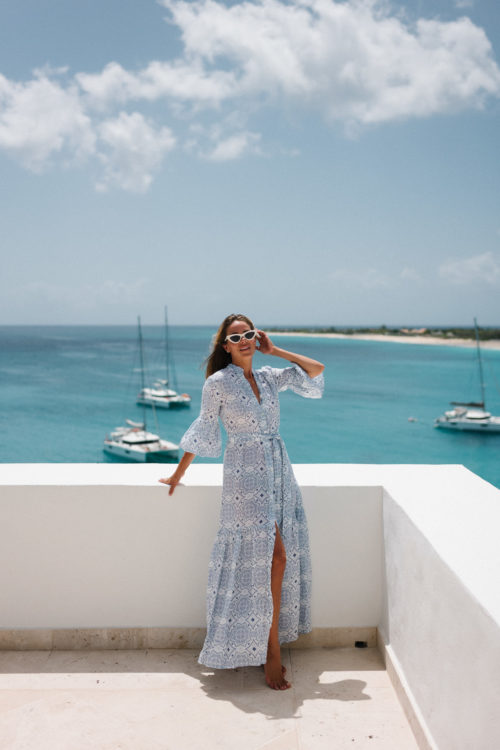 blue white linen belted maxi dress