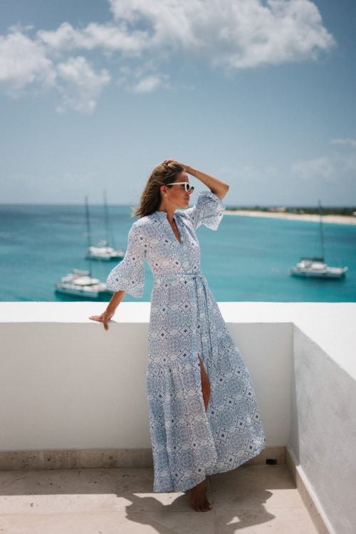 blue white linen belted maxi dress