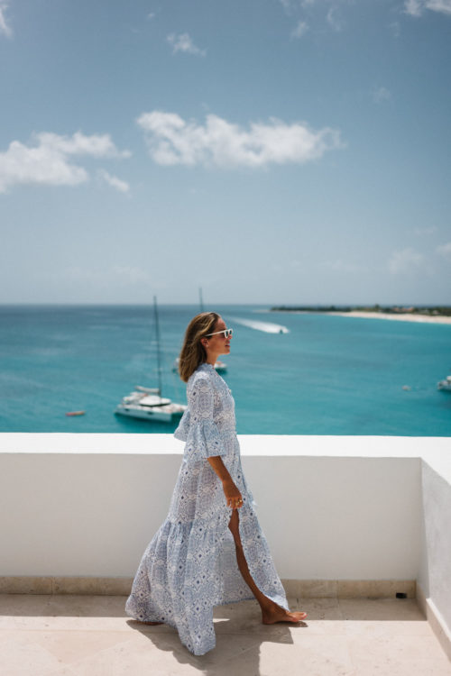blue white linen belted maxi dress