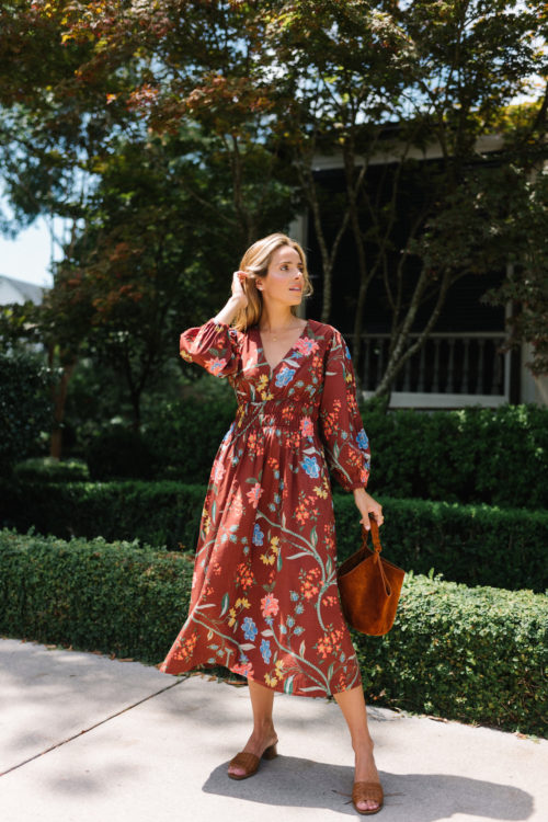 burgundy floral puff sleeve dress